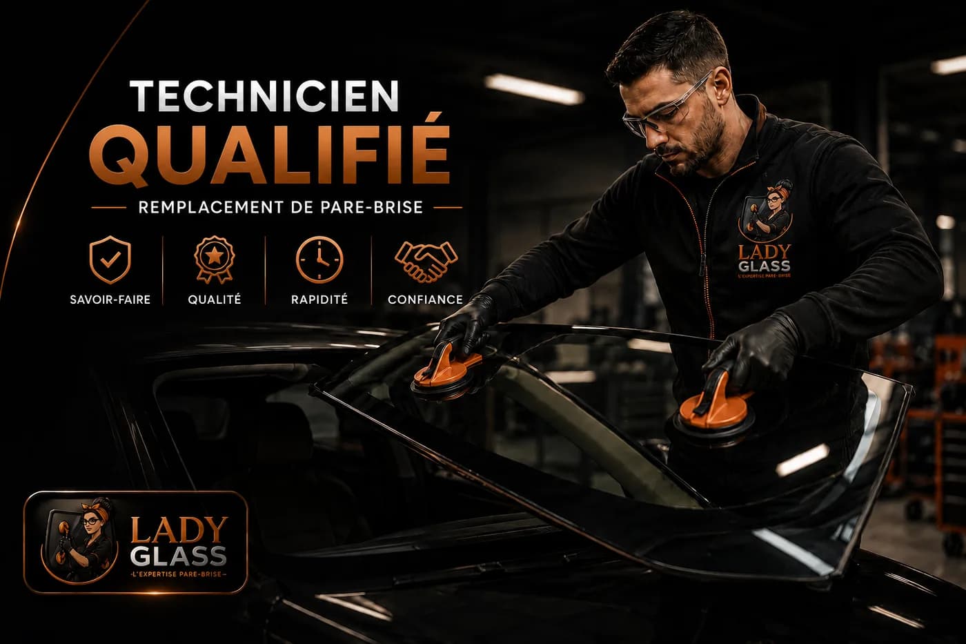Technicien Lady Glass remplaçant un pare-brise en atelier
