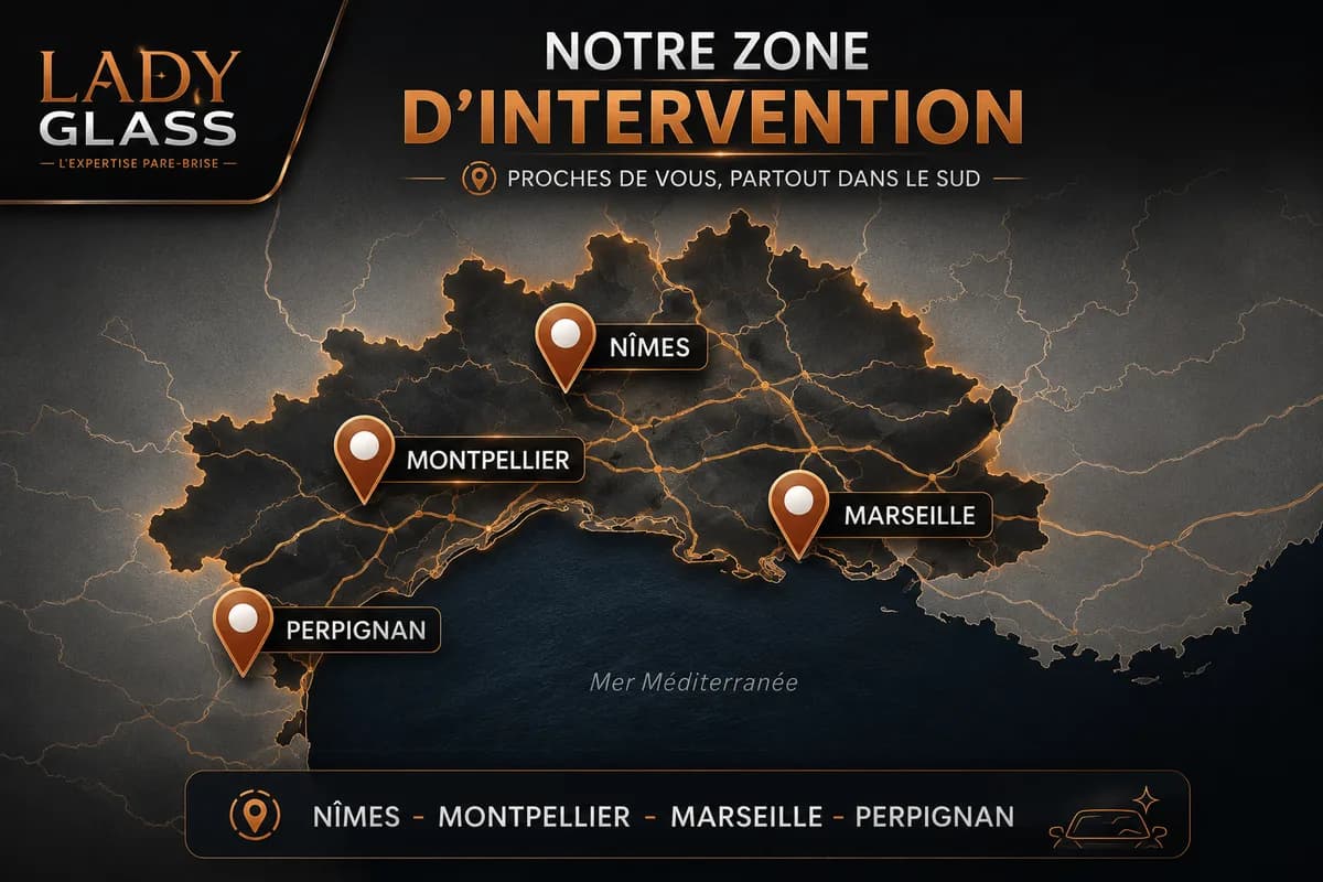 Carte de la zone d’intervention de Lady Glass : Nîmes, Montpellier, Marseille, Perpignan